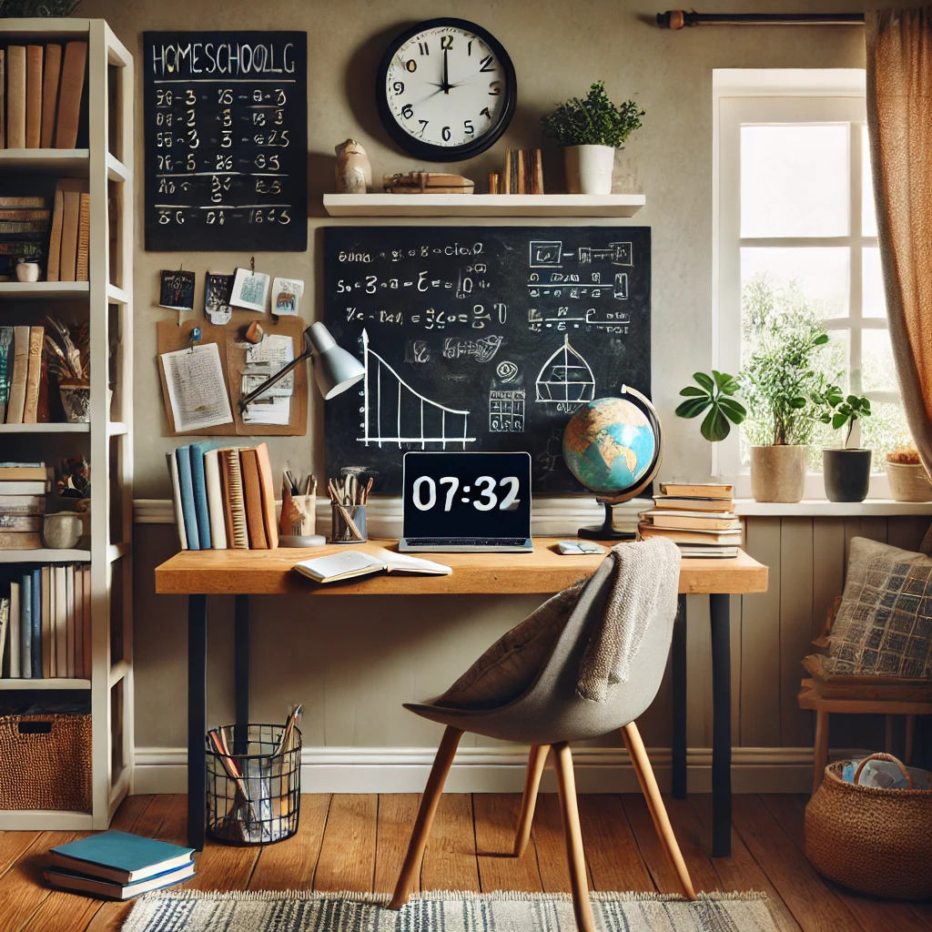 Child studying at a wooden desk with books and a laptop, while a parent offers guidance in a cozy, well-lit room with educational posters.